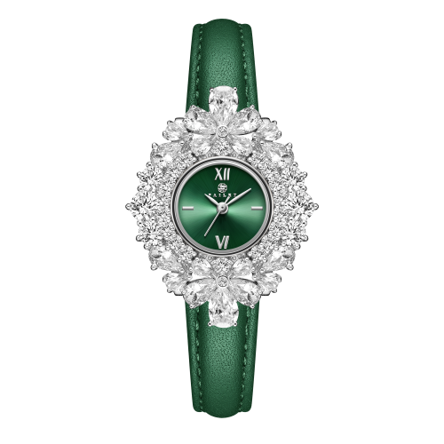 ساعة زركون فضي جلد أخضر ماركة فايلت