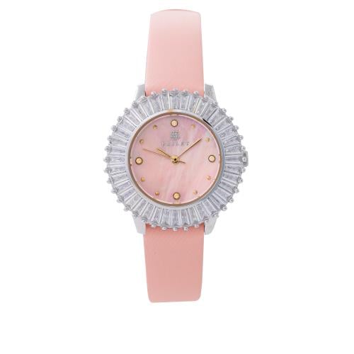 ساعة زركون فضي جلد وردي ماركة فايلت