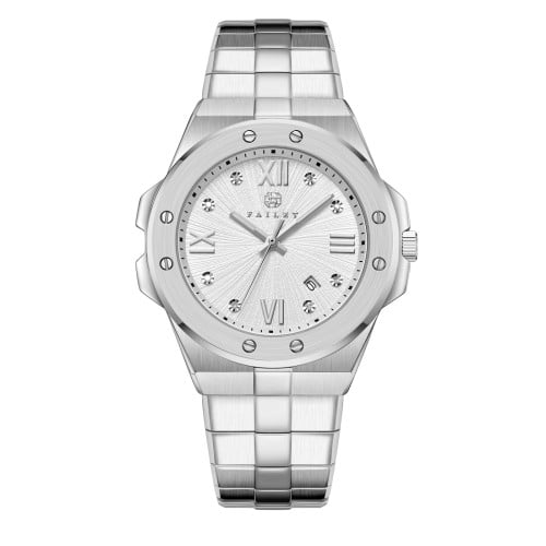 ساعة رجالية ألماس فضي مينا أبيض من ماركة فايلت