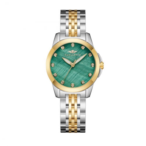 ساعة نسائية فضي ذهبي مينا أخضر ماركة سان لوريس