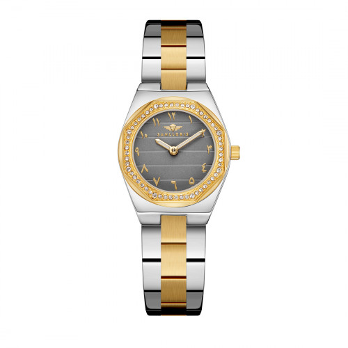 ساعة نسائية فضي ذهبي مينا رمادي ماركة سان لوريس