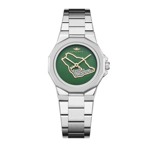 ساعة نسائية فضي بميناء خريطة المملكة ماركة سان لور...