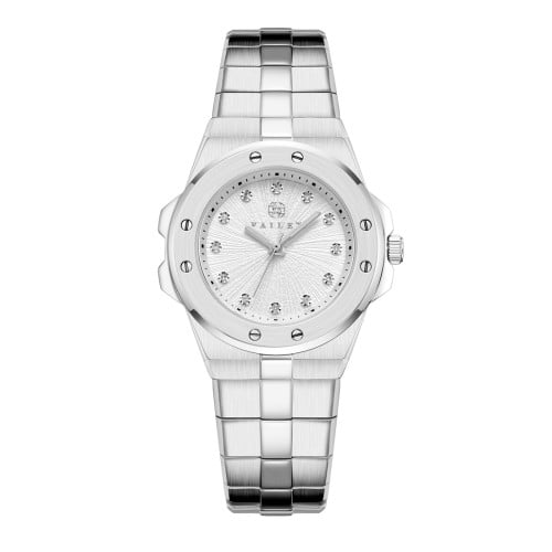 ساعة نسائية ألماس فضي مينا أبيض ماركة فايلت