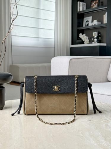 MAXI CAMERA CASE Suede Calfskin & Gold Metal Dark Beige