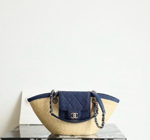 SMALL TOTE Braided Straw, Canvas, Lambskin & Gold-Tone Meta
