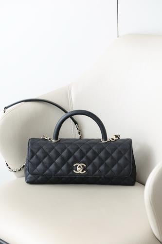 Chanel Maxi Top Handle Long Flap Bag Black Shiny Caviar Light Gold Hardware