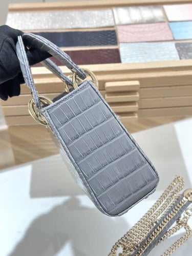 LADY DIOR GRAY CROCODILE MINI TOP HANDLE