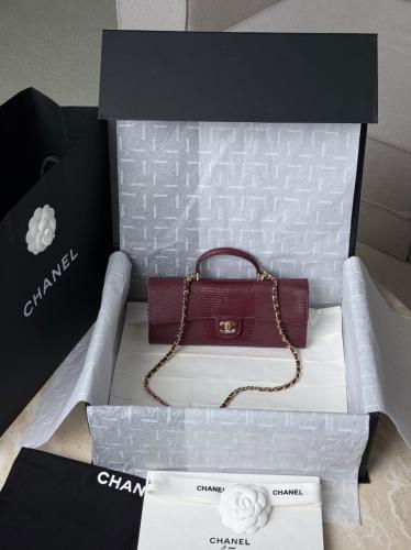 CLUTCH WITH CHAIN Lizard Embossed Calfskin & Gold-Tone Metal Dark Burgundy