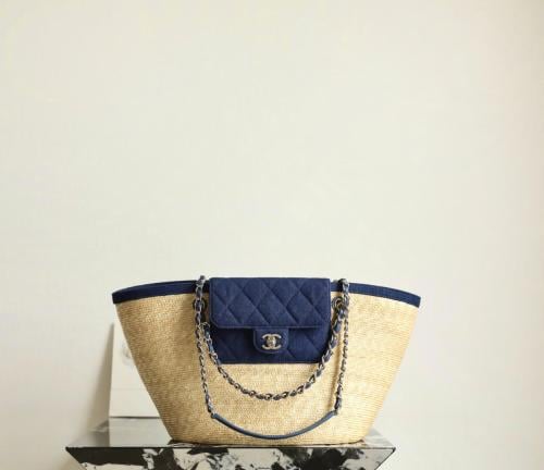 LARGE TOTE Braided Straw, Canvas, Lambskin & Gold-Tone Metal