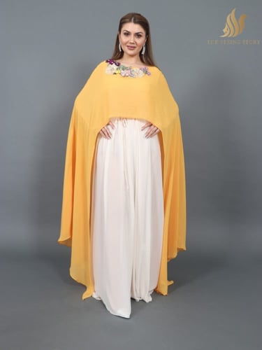 فستان اصفر بيج بشغل يدوي بارز