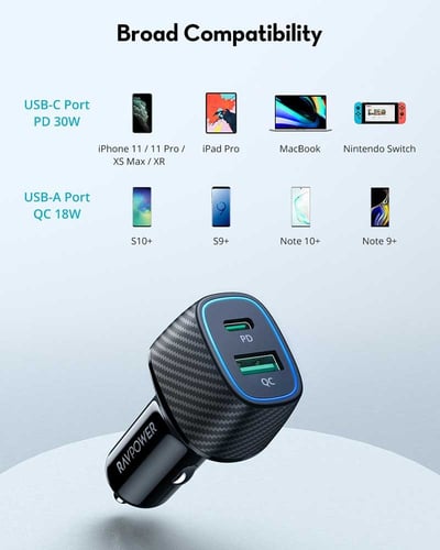 شاحن سيارة راف باور مخرجين بتقنية PD و QC3.0 بقوة...