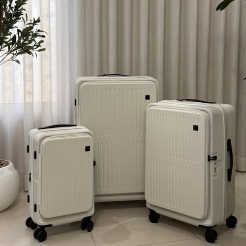 شنط سفر ثلاث قطع سحاب واحد بفتحة أمامية بيج فاتح –...