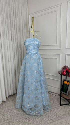 فستان سهرة سماوي طويل بتطريز فضي ناعم – قصة A-Line