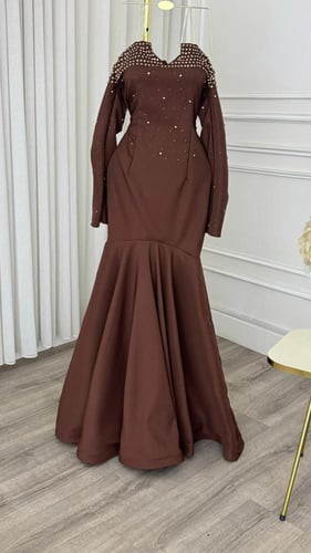 فستان سهرة بني مطرز كرستال بقصة حورية – Brown Crys...