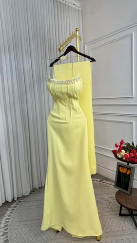 فستان سهرة اصفر بكريستال يدوي وكورسيه ناعم – Yello...