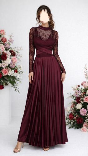 فستان عنابي دانتيل بليسيه طويل أنيق للمناسبات