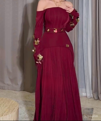 Burgundy Elegance | فستان سهرة خمري بتطريز ورد فاخ...
