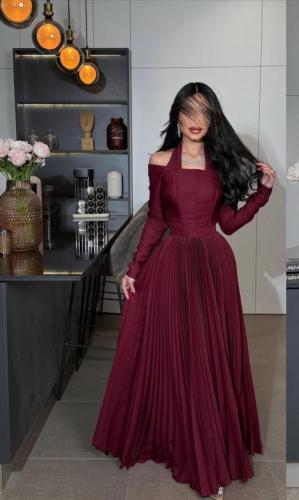 فستان عنابي كسرات ناعم فاخر – Burgundy Pleated Gow...