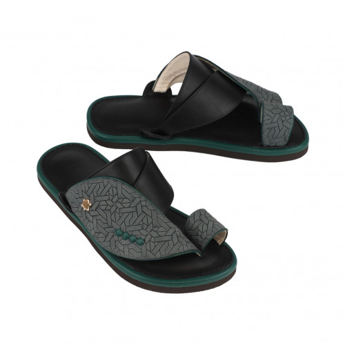 صندل مودرن أطفال جلد مجدول لون عشبي وأسود