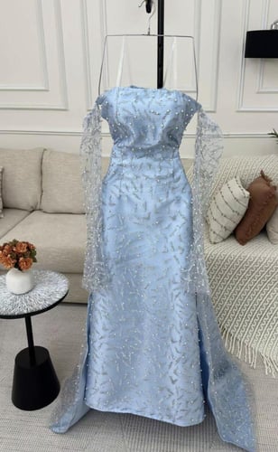 فستان سهرة سماوي تل مطرز ولول