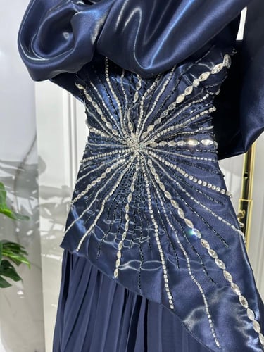 فستان سهرة كحلي ميكانو لمعة+شيفون جورجيت