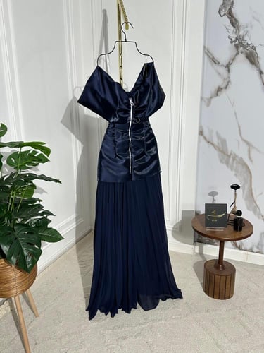 فستان سهرة كحلي ميكانو لمعة+شيفون جورجيت