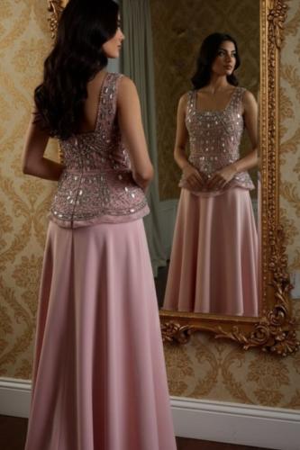 فستان سهرة وردي بترصيعات كريستال فاخرة