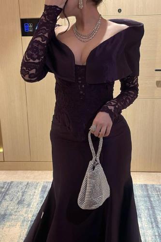 فستان سهرة شانتون ودانتيل بقصه انيقه