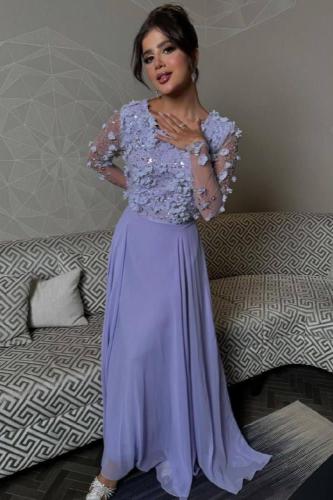 فستان سهره شيفون والتل المزين بالورود