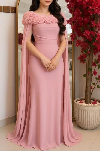 فستان سهره شيفون جورجيت المزين بالورود البارزه باك...