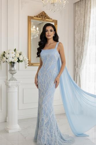 فستان سماوي دانتيل ناعم مطرز