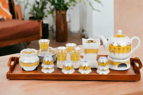 طقم شاهي قهوة نقشة تراثي أصفر