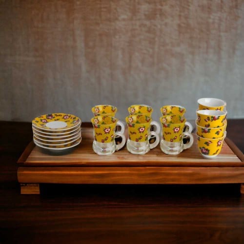 طقم استكانات وصحون و فناجين شالكي أصفر