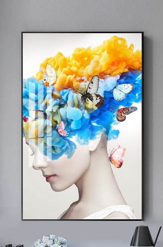 لوحة جدارية فنية بنت مع فراشات