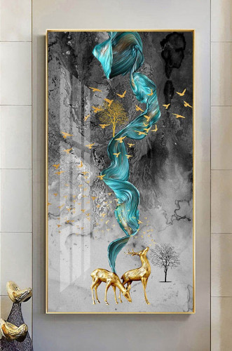 Modern wall art with a beautiful deer and feathers