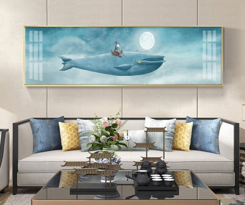 لوحه جدارية كبيرة قرش مع قمر زرقاء جميله جدا