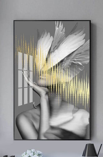 A wall art painting girl with feathers