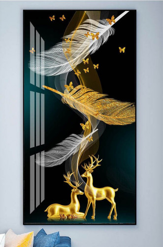 لوحه جدارية ريش وغزلان ذهبية