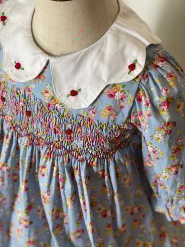 فستان سموكيد باللون السماوي وتطريزات الورود الحمرا...