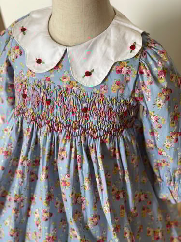 فستان سموكيد باللون السماوي وتطريزات الورود الحمرا...