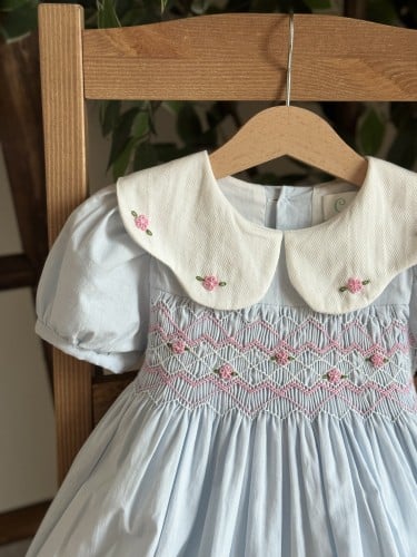 فستان سموكد شغل يدوي بلو سكاي