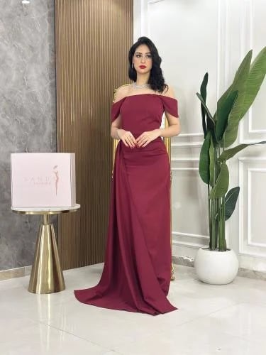 7535- فستان سهرة عودي طويل أوف شولدر درابيه