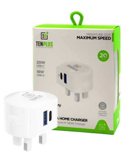 شاحن جداري 20W بمنفذ PD ومنفذ USB سريع - TENPLUS