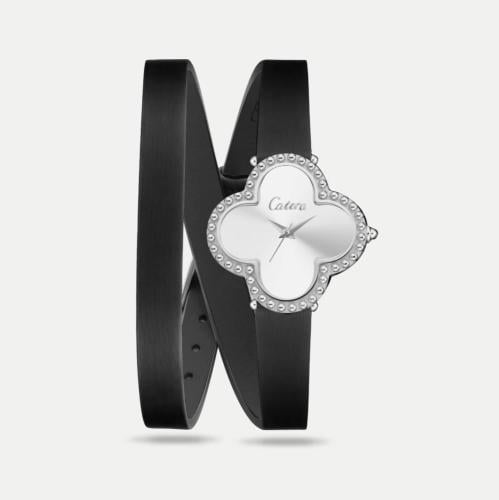 ساعة نسائية جلد سير أسود إطار فضي ميناء ابيض