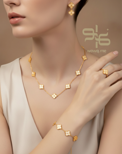 طقم فان كليف 4 قطع سلسال 7 وردات ، ذهبي وفضي، - مس...