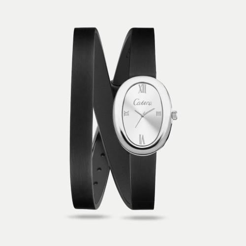 ساعة نسائية جلد سير أسود إطار فضي