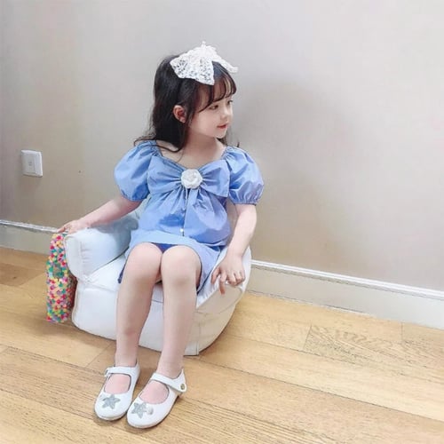 فستان ازرق صيفي بفيونكة على الصدر