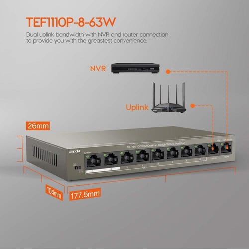 TEF1110P-8-63W محول مكتبي 10 منافذ بسرعة 10-100 مي...