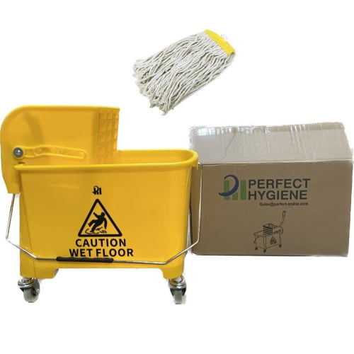 عربة تنظيف صفراء 20 لتر مع ممسحة بعصا خشب