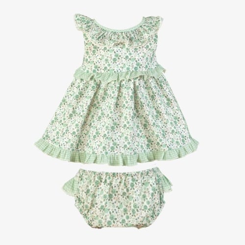 فستان بيبي فستقي بقصة أنيقة من الخلف قطعتين